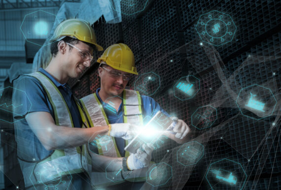 Team of  Engineers Use Tablet with visualize screen of the data statistic with ai technology in factory.