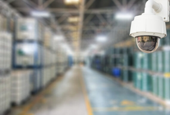CCTV camera system. CCTV system security products chemical in warehouse of factory blur background.